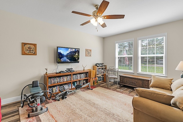 living room featuring ceiling fan and hardwood / wood-style floors