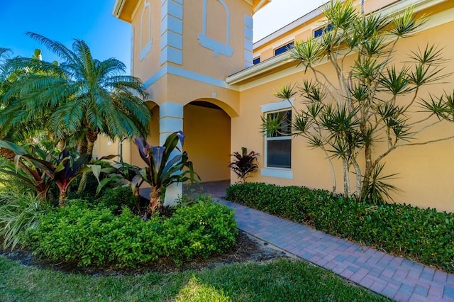 view of exterior entry with stucco siding