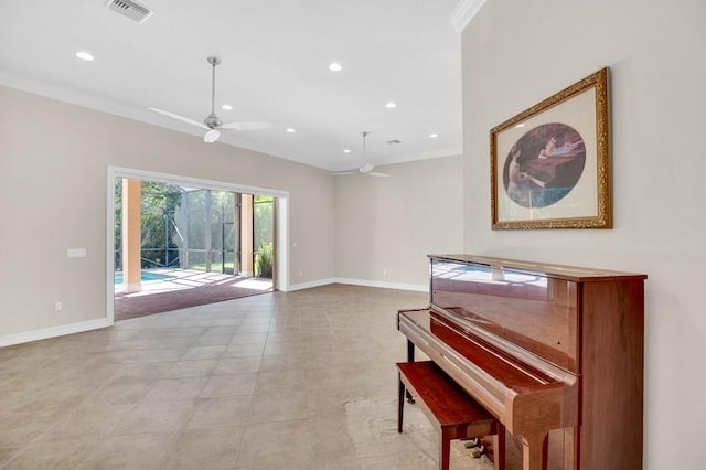 sitting room featuring visible vents, baseboards, ornamental molding, recessed lighting, and a ceiling fan