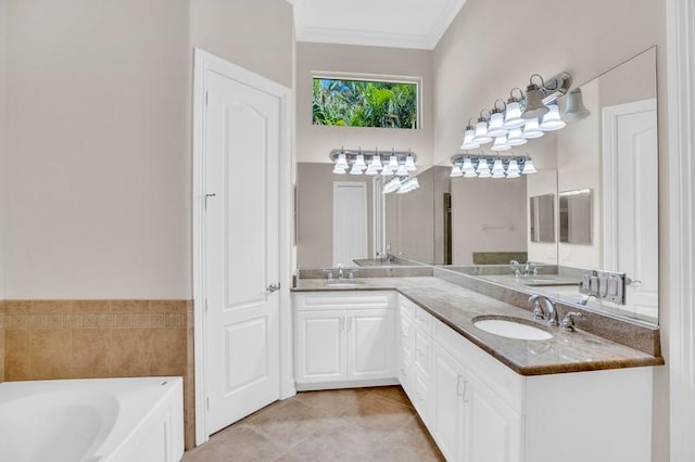 bathroom featuring double vanity, ornamental molding, a bath, and a sink