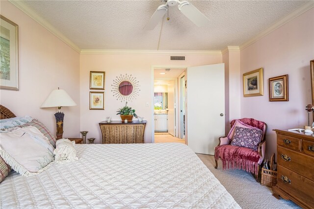 carpeted bedroom with a textured ceiling, ornamental molding, and ceiling fan