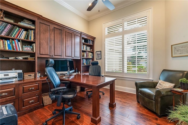 office with dark hardwood / wood-style flooring, ornamental molding, and ceiling fan