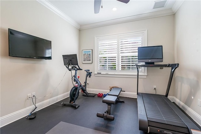 exercise room featuring ornamental molding and ceiling fan