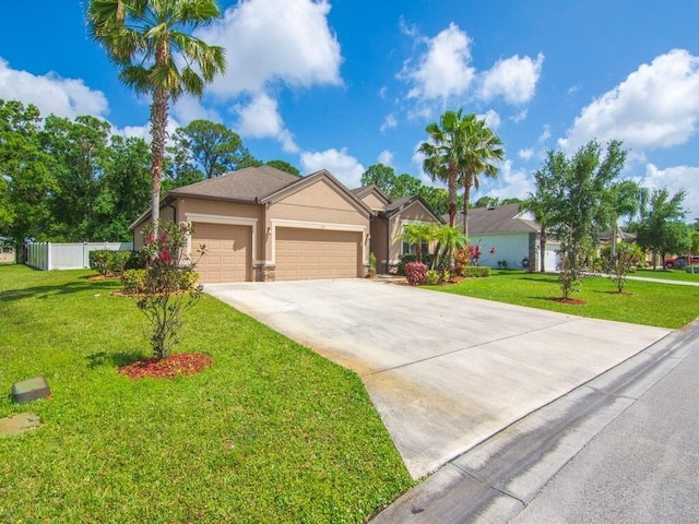 ranch-style home with driveway, stucco siding, a front yard, and an attached garage