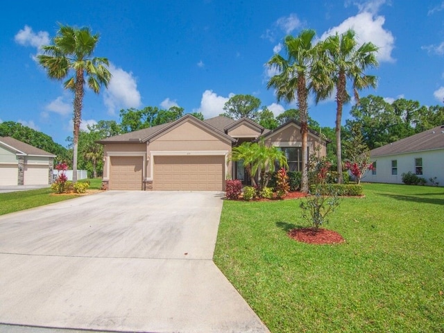 ranch-style house with stucco siding, concrete driveway, a front lawn, and an attached garage