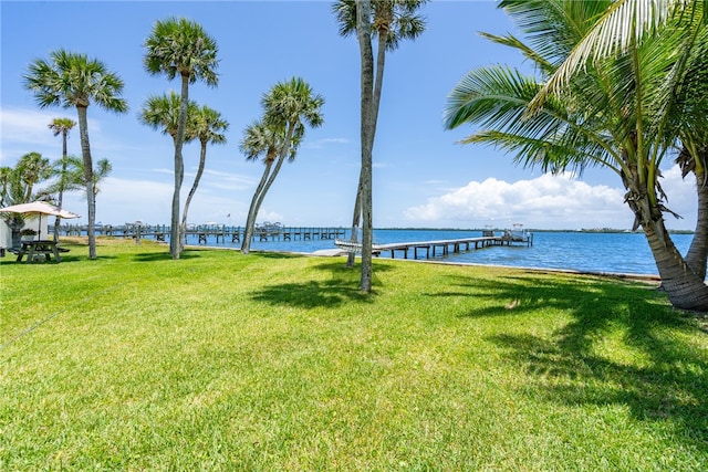 view of yard featuring a water view and a boat dock