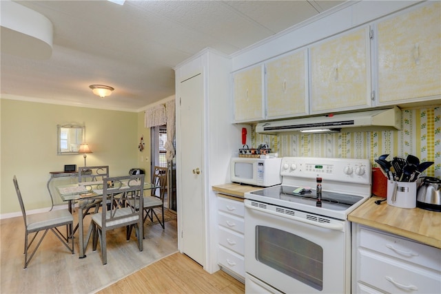 kitchen featuring white cabinetry, light wood-type flooring, white appliances, and crown molding