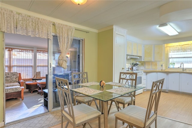 dining space with light wood-type flooring, plenty of natural light, crown molding, and sink