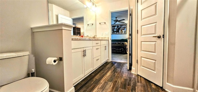 bathroom with vanity, wood-type flooring, and toilet