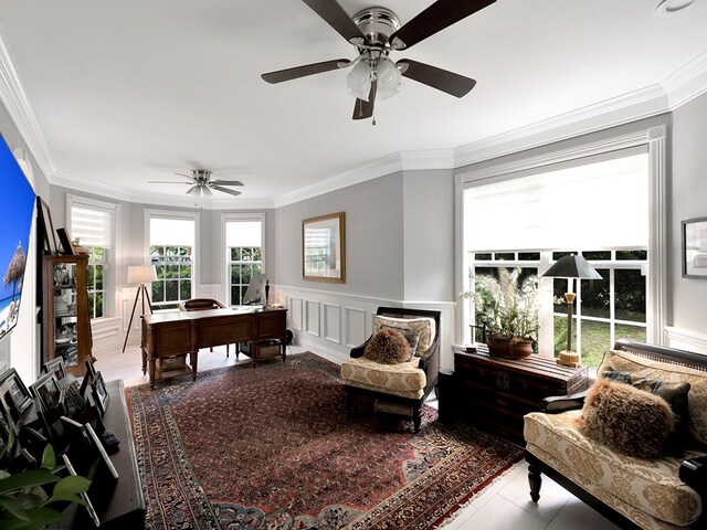 interior space featuring ceiling fan