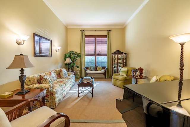 carpeted living room with ornamental molding