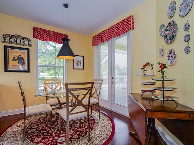 dining area featuring dark wood-style floors and baseboards