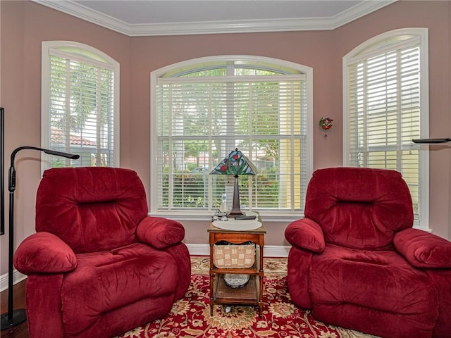 living area featuring a wealth of natural light and ornamental molding