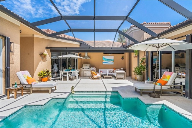 view of swimming pool with glass enclosure, an outdoor living space, and a patio