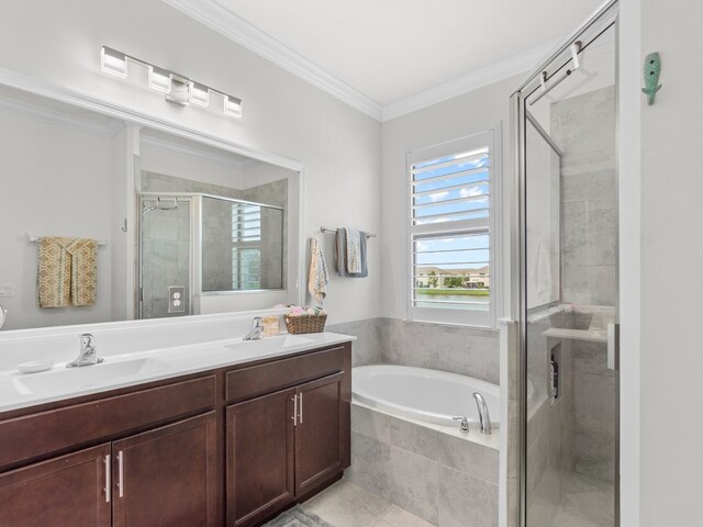 bathroom featuring vanity, plus walk in shower, and crown molding