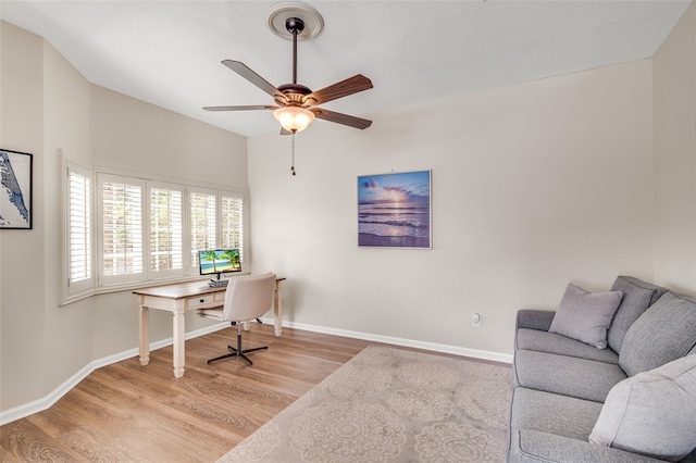 office space featuring ceiling fan and light wood-type flooring