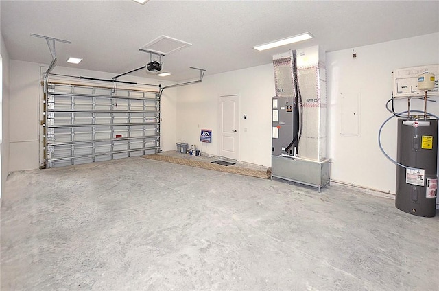 garage featuring a garage door opener, electric water heater, and heating unit