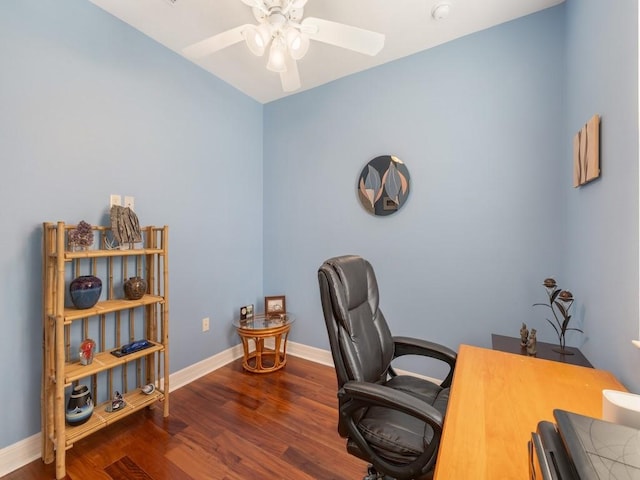 office space with wood finished floors, ceiling fan, and baseboards