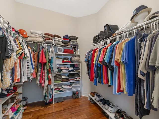 walk in closet with wood finished floors