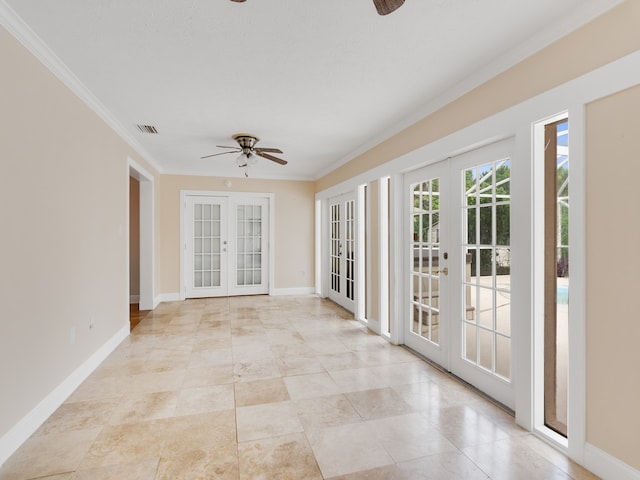 interior space featuring french doors and ceiling fan