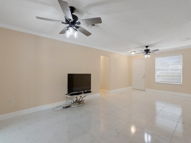 unfurnished living room featuring a textured ceiling, ceiling fan, and crown molding