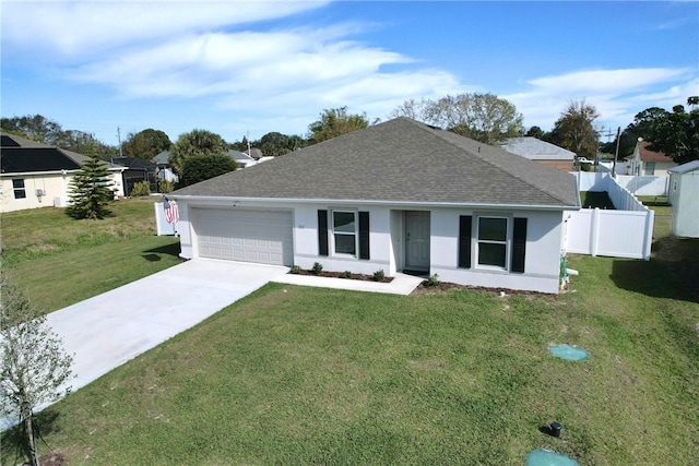 ranch-style home with a front yard and a garage