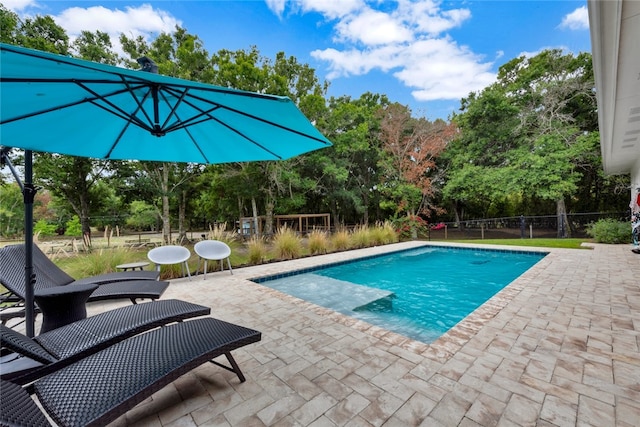 view of swimming pool featuring a patio