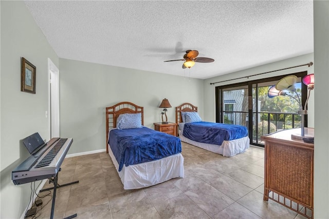 bedroom featuring tile patterned floors, access to exterior, ceiling fan, and a textured ceiling