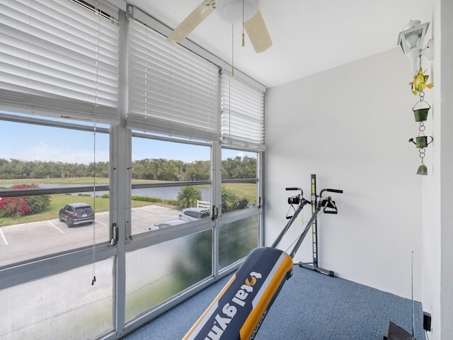 workout area featuring a ceiling fan