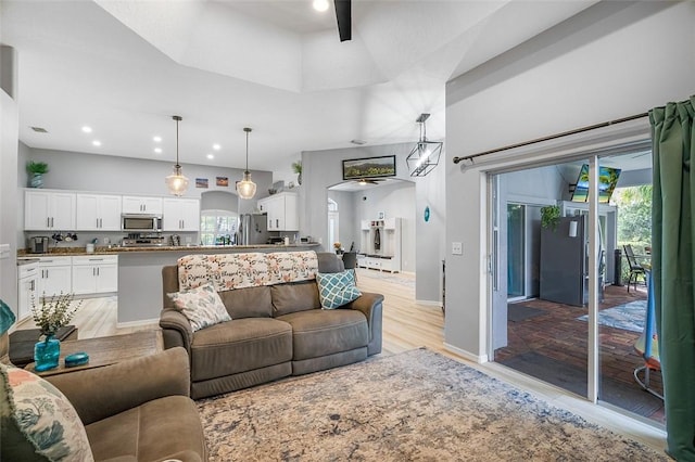 living room with ceiling fan and light hardwood / wood-style flooring