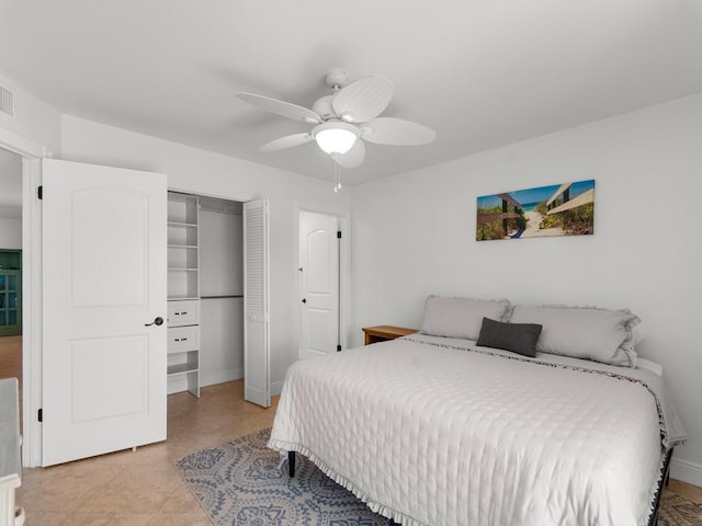 bedroom featuring a closet, a ceiling fan, baseboards, and visible vents