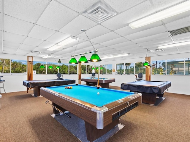 recreation room with carpet floors, visible vents, and billiards