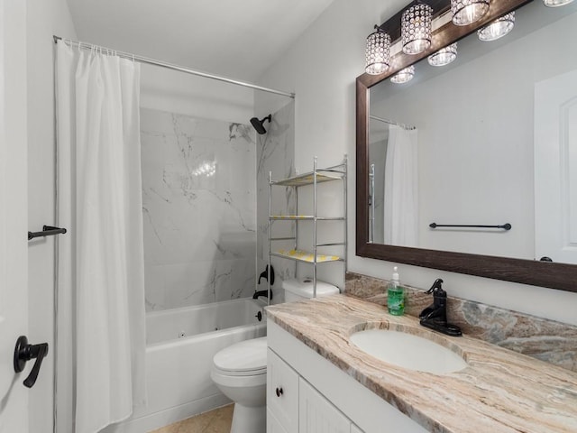 full bathroom featuring vanity, tile patterned floors, toilet, and shower / tub combo