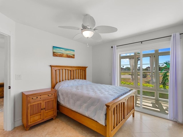 bedroom featuring ceiling fan, access to exterior, and light tile patterned floors