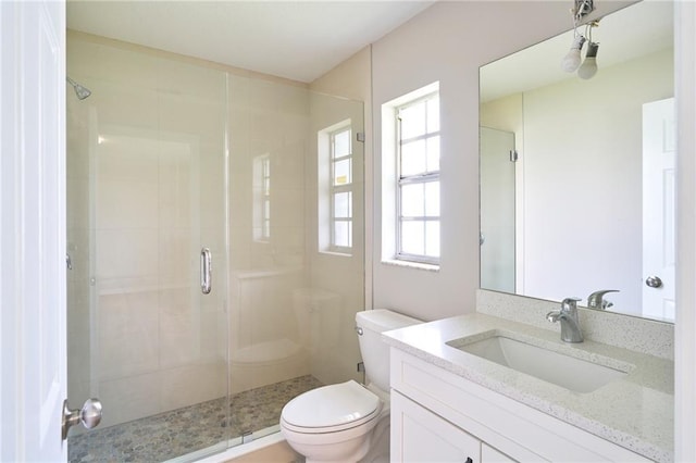 full bathroom featuring vanity, a shower stall, and toilet