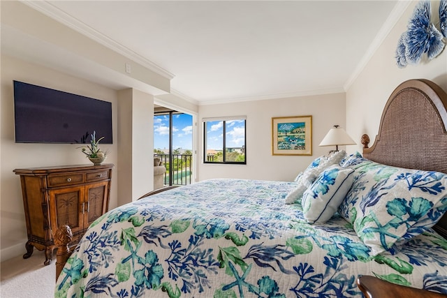 carpeted bedroom with access to exterior and crown molding