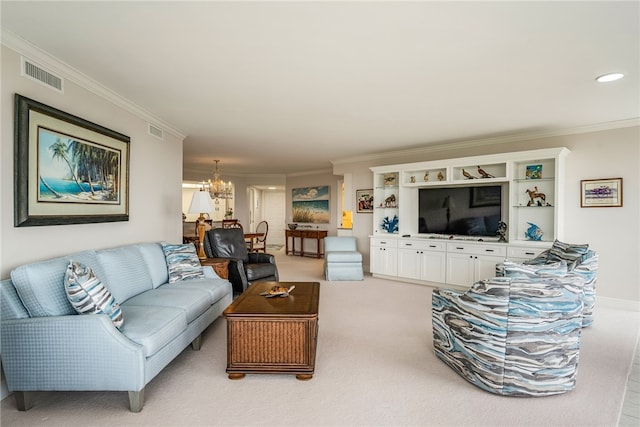 carpeted living room featuring a notable chandelier and crown molding