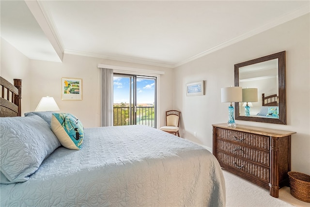 carpeted bedroom featuring access to exterior and ornamental molding