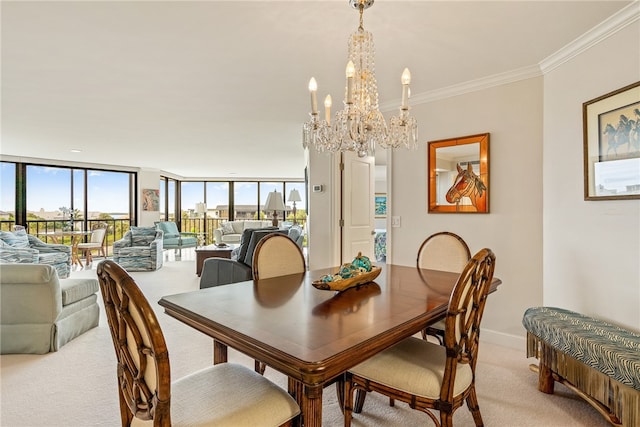 carpeted dining room with floor to ceiling windows, ornamental molding, and an inviting chandelier