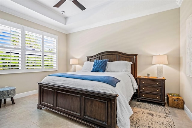 bedroom with ceiling fan, light tile patterned floors, and ornamental molding