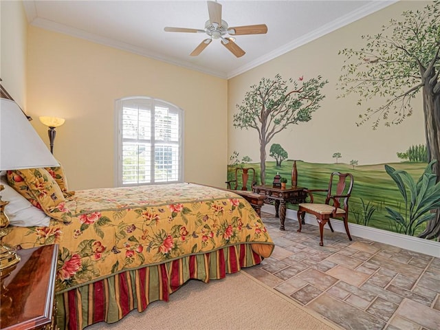 bedroom featuring ornamental molding and ceiling fan