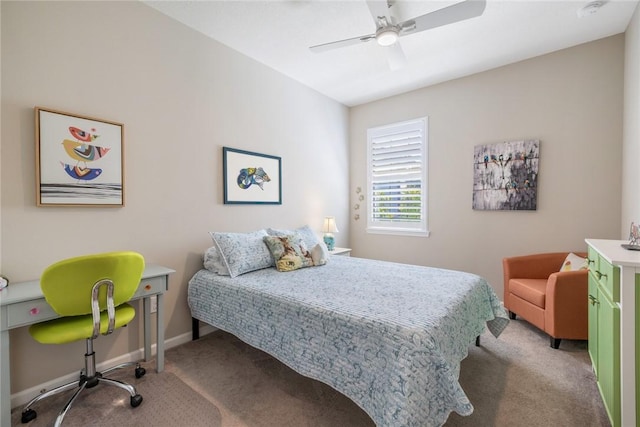 bedroom with carpet, a ceiling fan, and baseboards