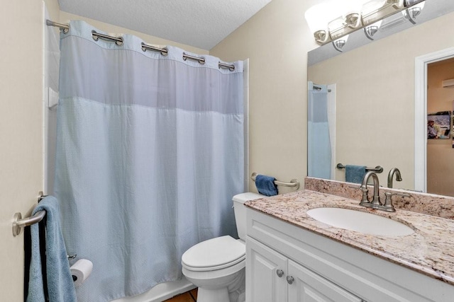 full bathroom with shower / tub combo with curtain, a textured ceiling, toilet, and vanity