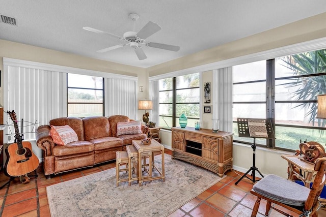 living area featuring ceiling fan, a wealth of natural light, visible vents, and baseboards