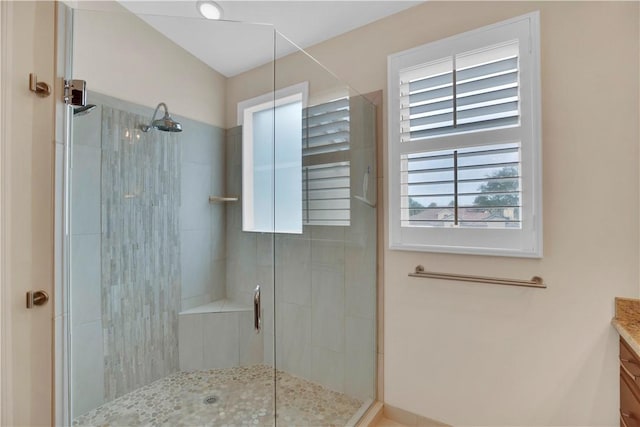 bathroom featuring vanity and a shower with door