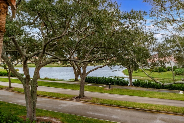 surrounding community with a water view and a lawn