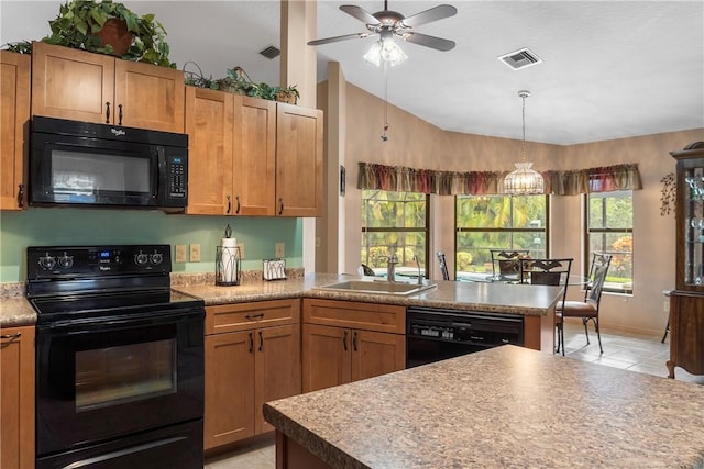 kitchen with ceiling fan, sink, vaulted ceiling, light tile patterned flooring, and black appliances