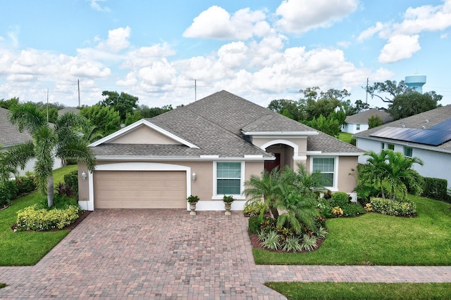 single story home featuring a garage and a front lawn