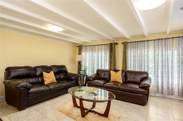 living room with beamed ceiling