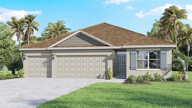955 George St, Sebastian, FL 32958 - view of front of house featuring an attached garage, concrete driveway, a front yard, and stucco siding